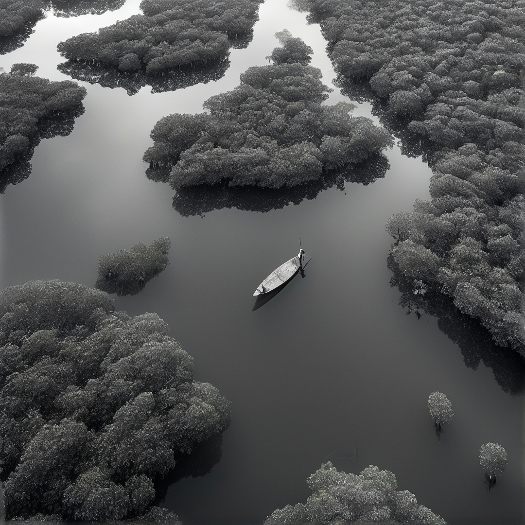 An overhead shot captures a solitary boat navigating the intricate channels of a monochrome mangrove wetland.