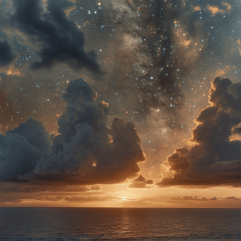 Thick storm clouds rise above a calm ocean while warm sunset glow fills the horizon below a starry dust strewn sky.
