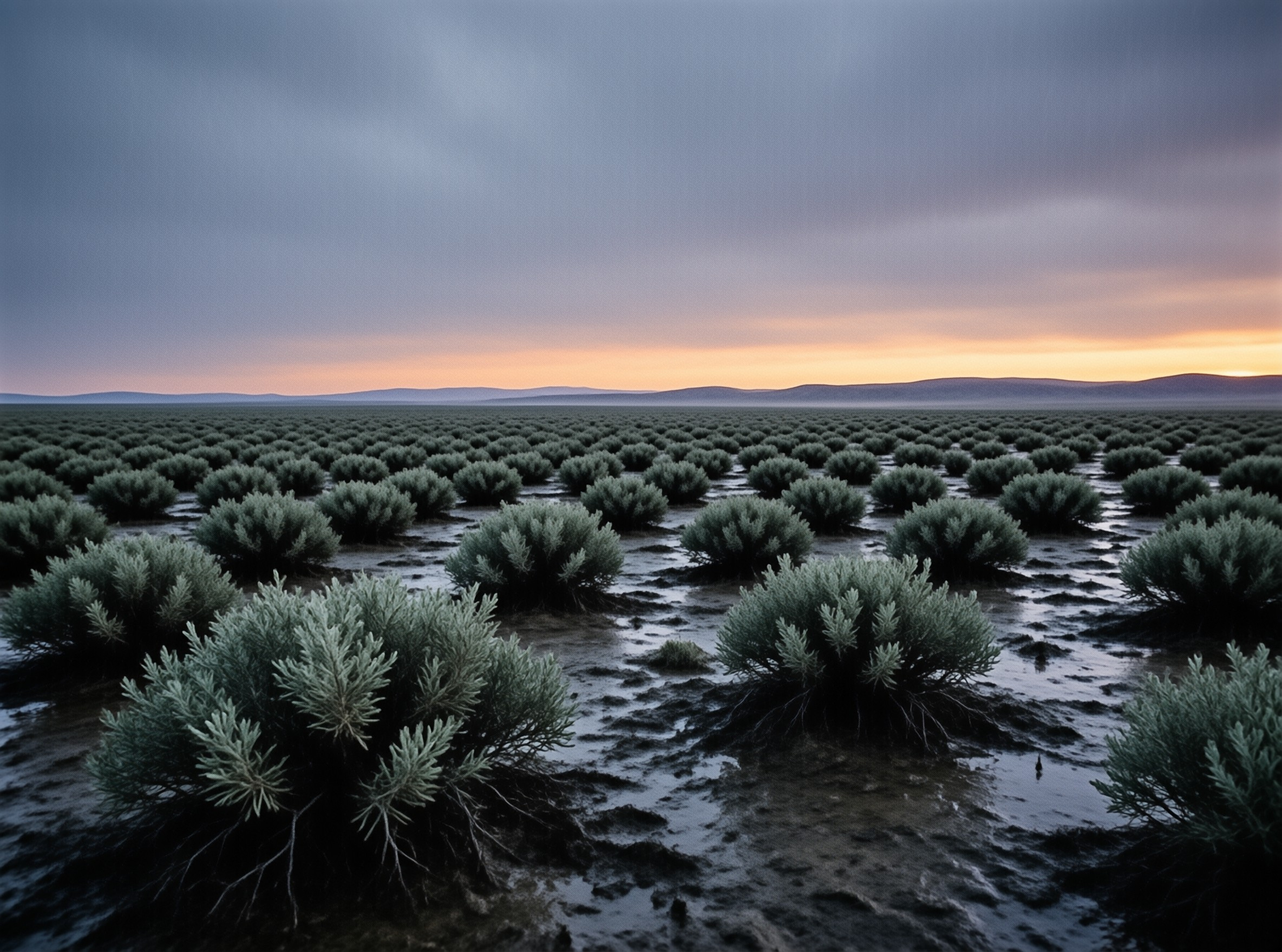 Rows of silvery sagebrush bushes stand in wet muddy ground while the sky transitions from deep blue to bright orange along the distant horizon.