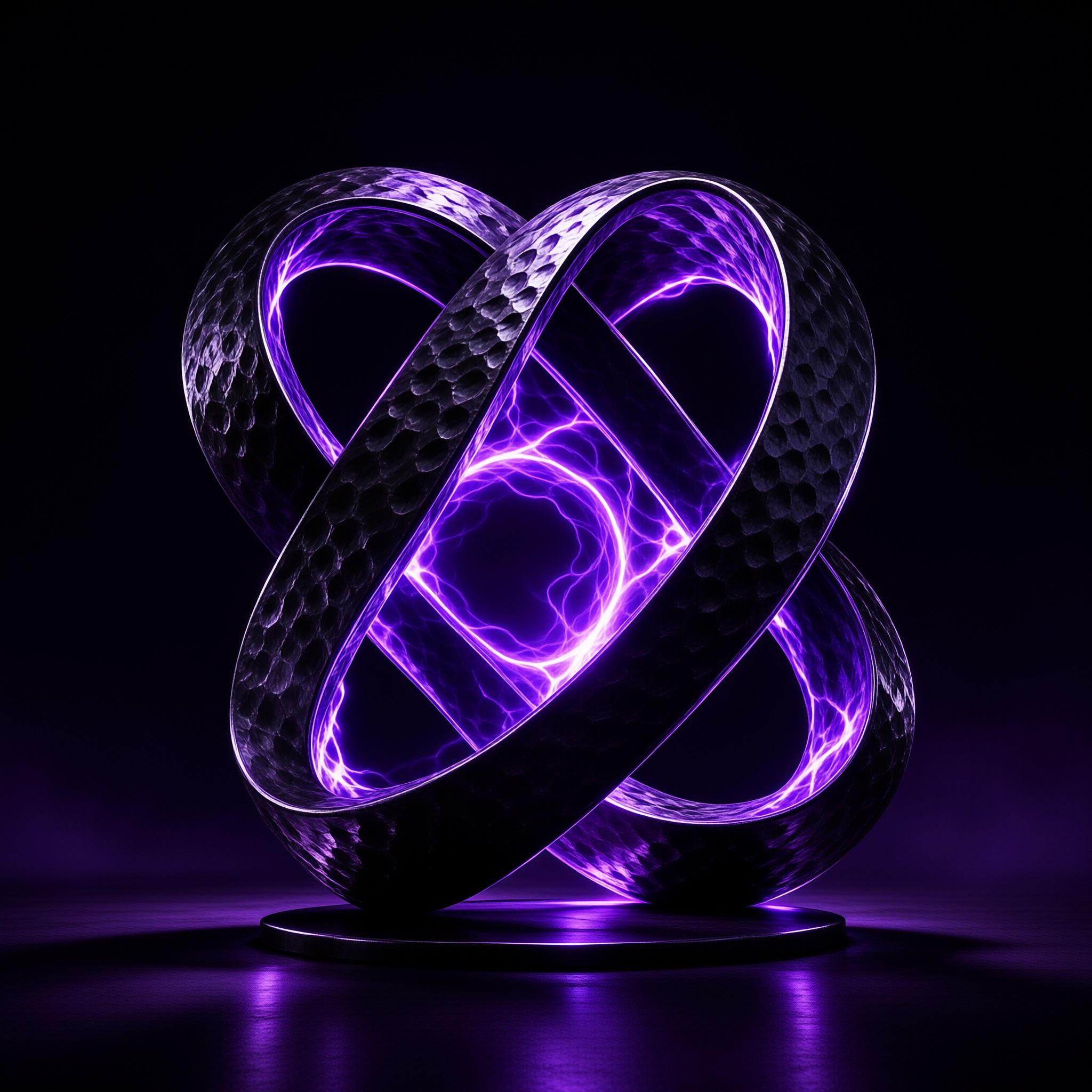 A dark hammered sculpture of looping bands glows with violet energy at its center.