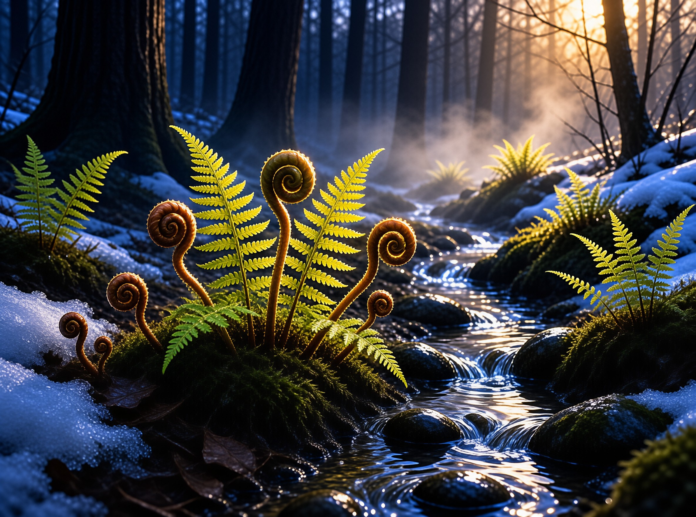 Young curled fern fronds catch warm light beside a misty stream in a snowy woodland.