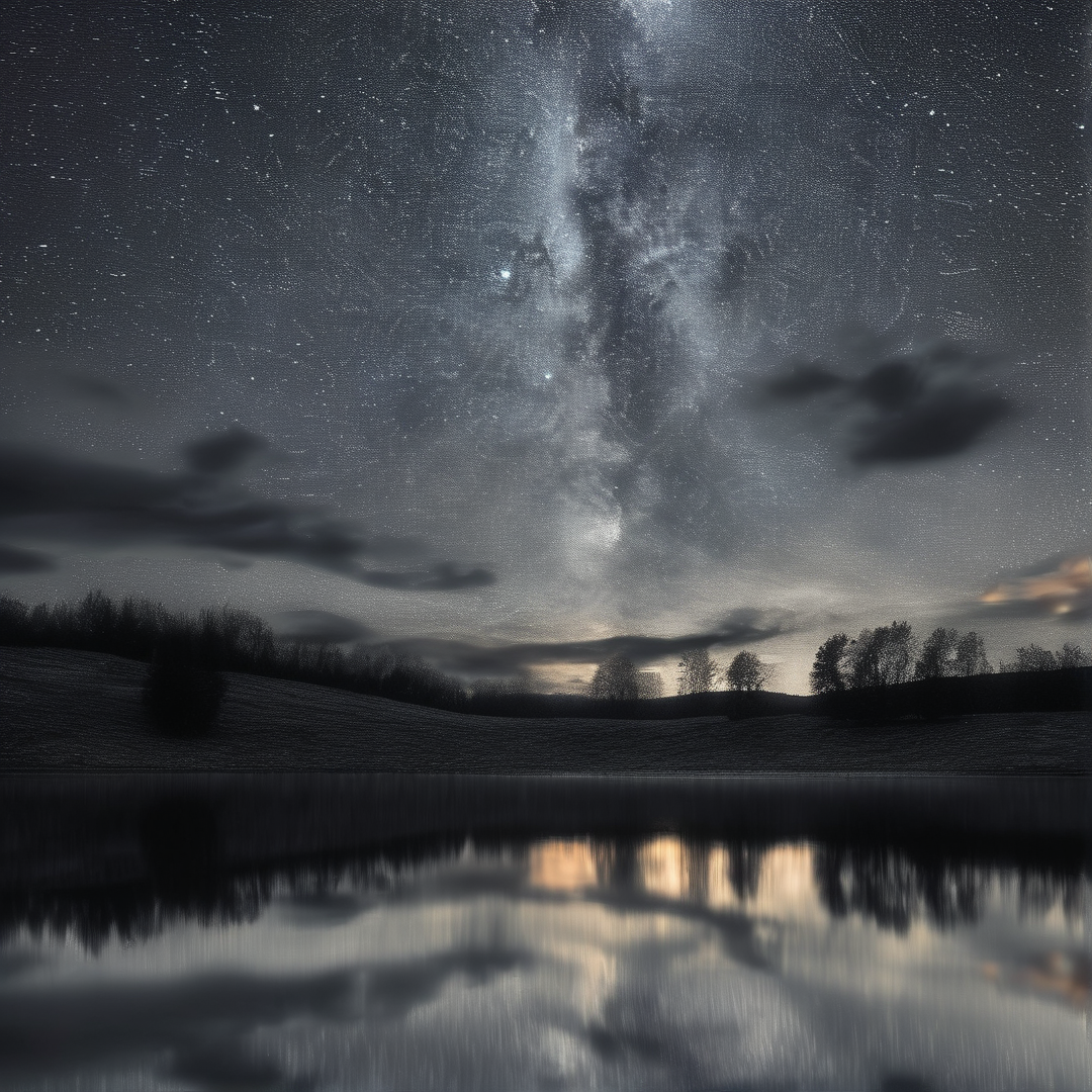 The Milky Way arches over a dark landscape where silhouetted trees stand beside water that mirrors the starry sky.
