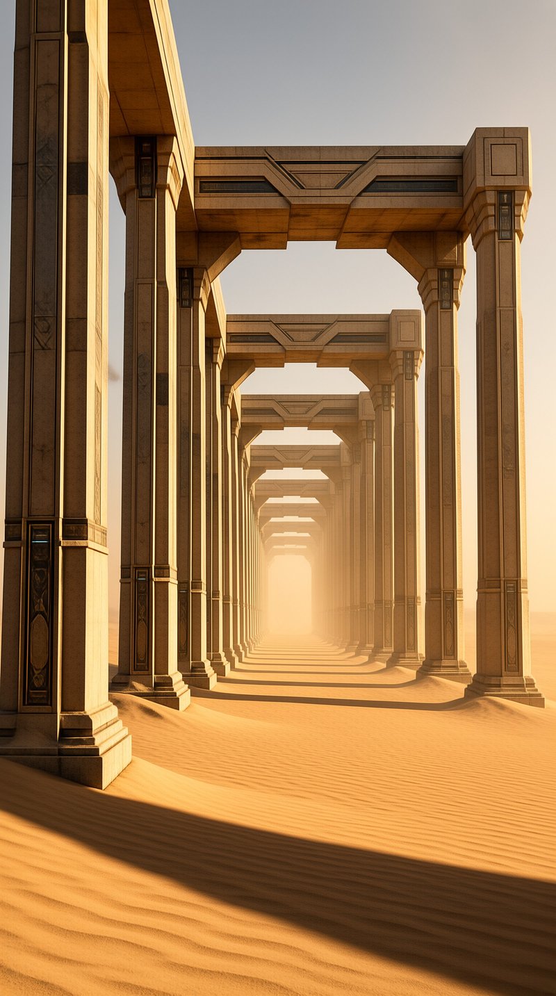 Carved stone arches recede across a sandy desert landscape under a warm hazy sky leading to a bright vanishing point.