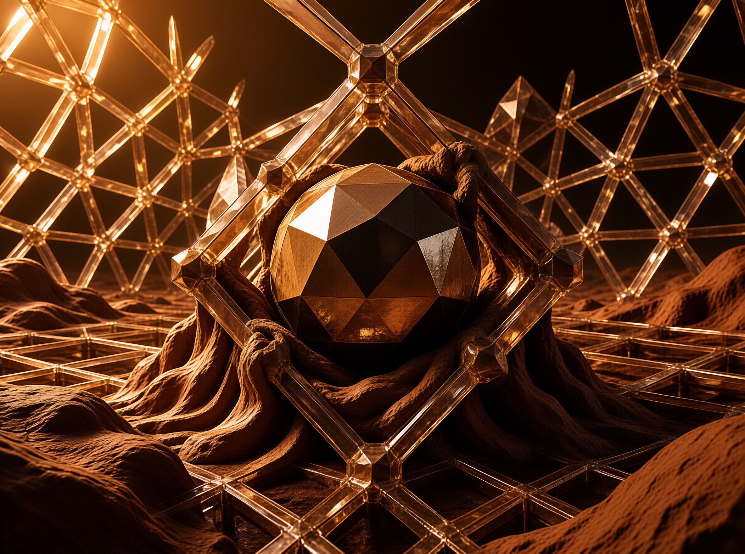 A faceted sphere rests inside a transparent grid structure surrounded by organic forms under warm amber lighting.