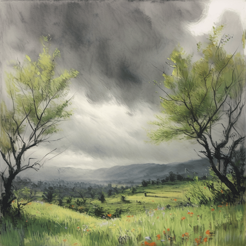 Two leafy trees frame a green wildflower meadow, with misty mountains under storm clouds cut by bright sun rays.