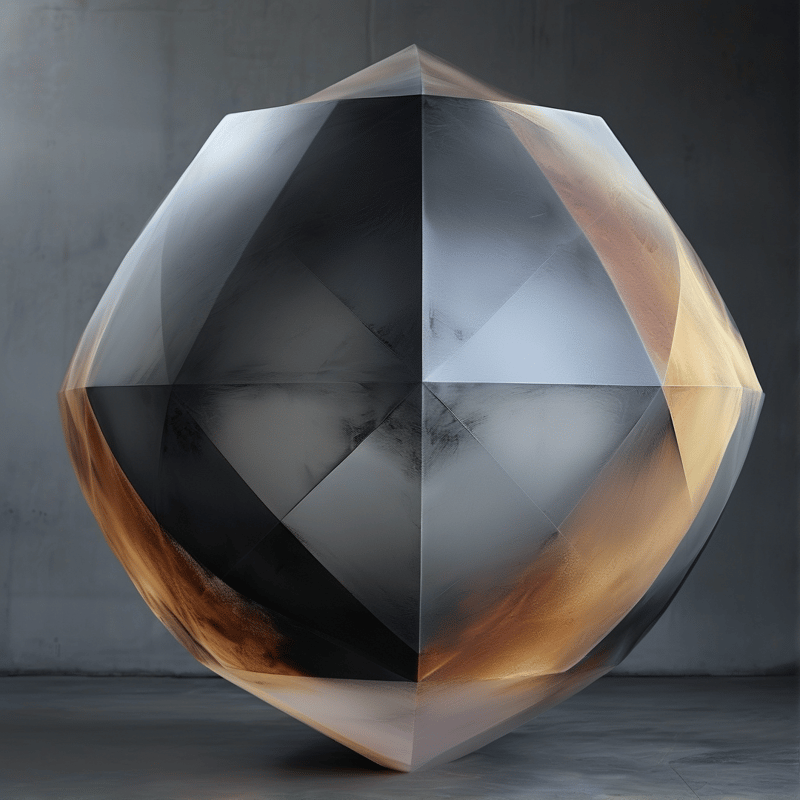 A large faceted sculpture featuring swirling grey and amber textures sits on a polished concrete floor.