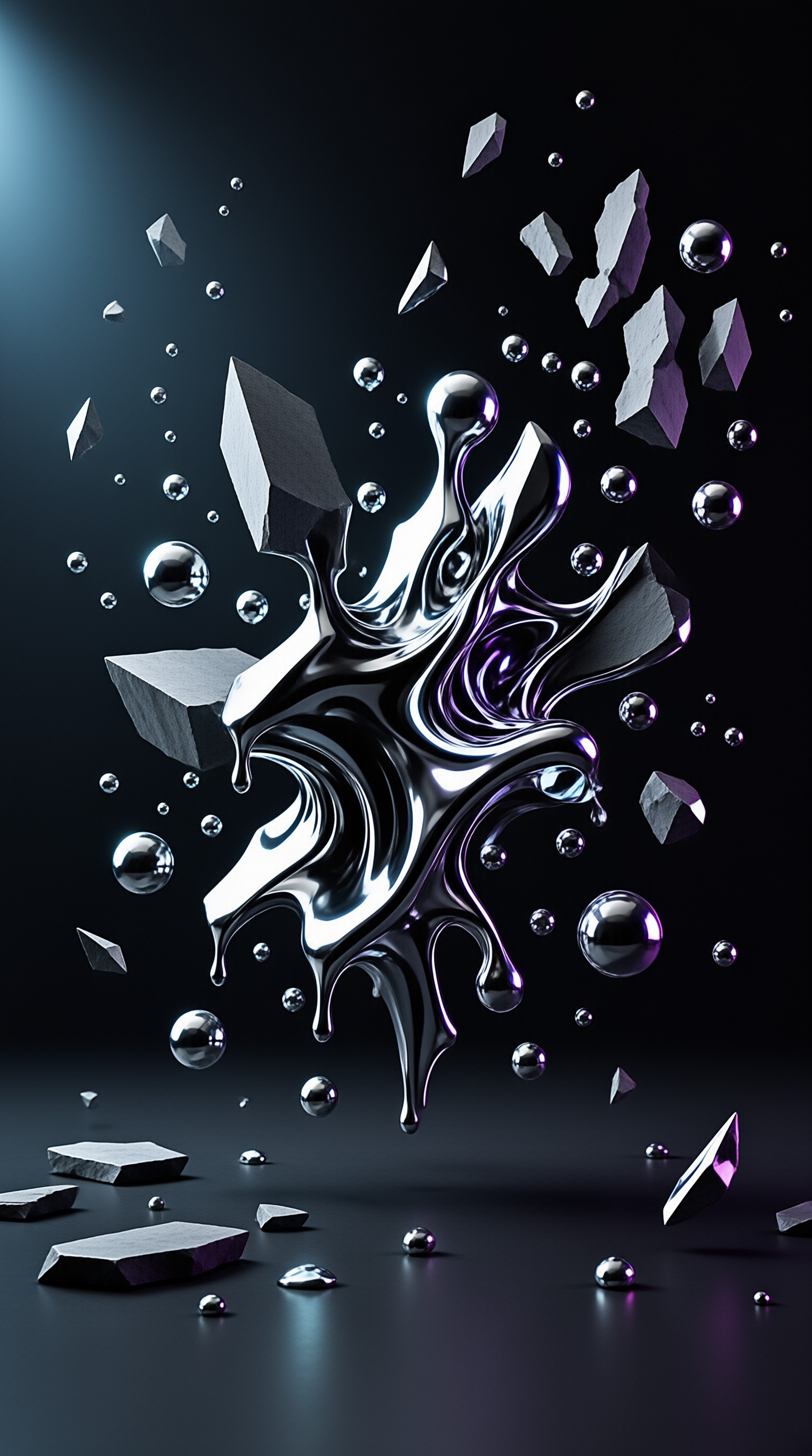 A shiny silver fluid burst is surrounded by scattered stone chunks and metallic balls in a dark space.