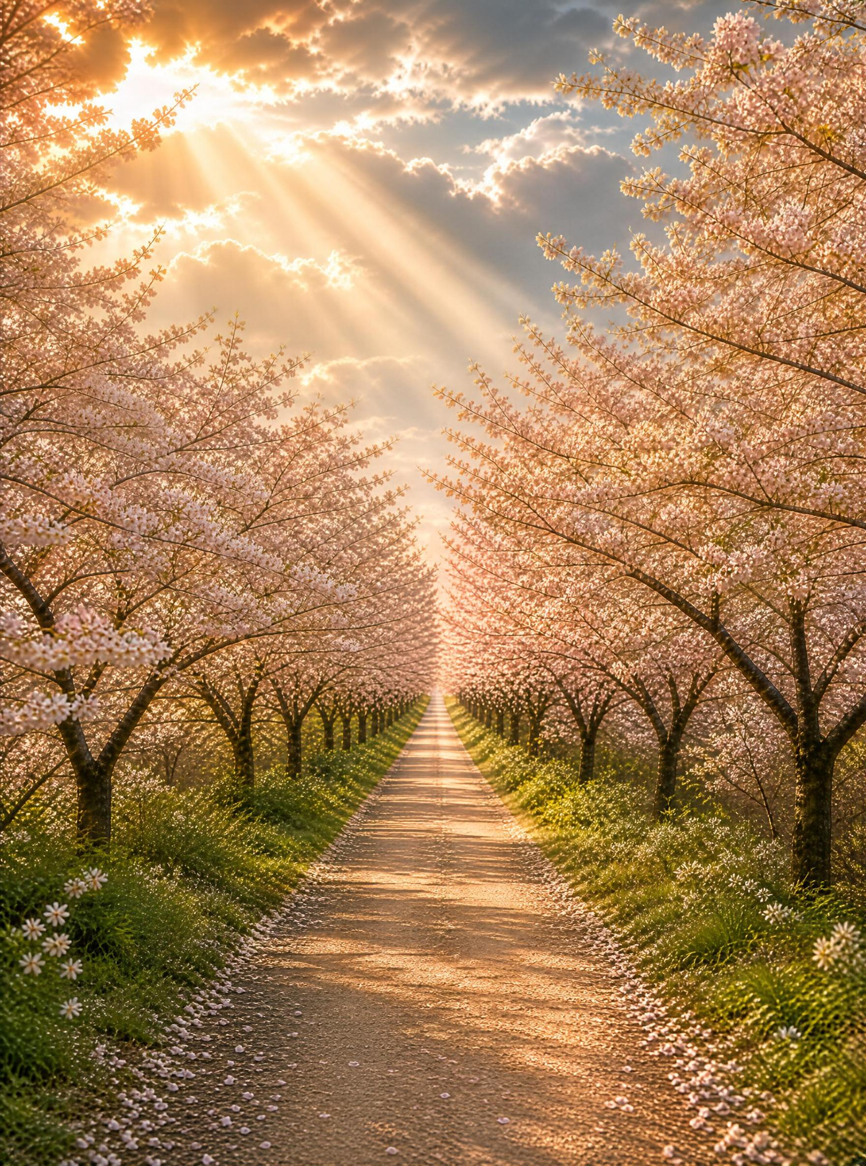 Sunlit Cherry Blossom Pathway