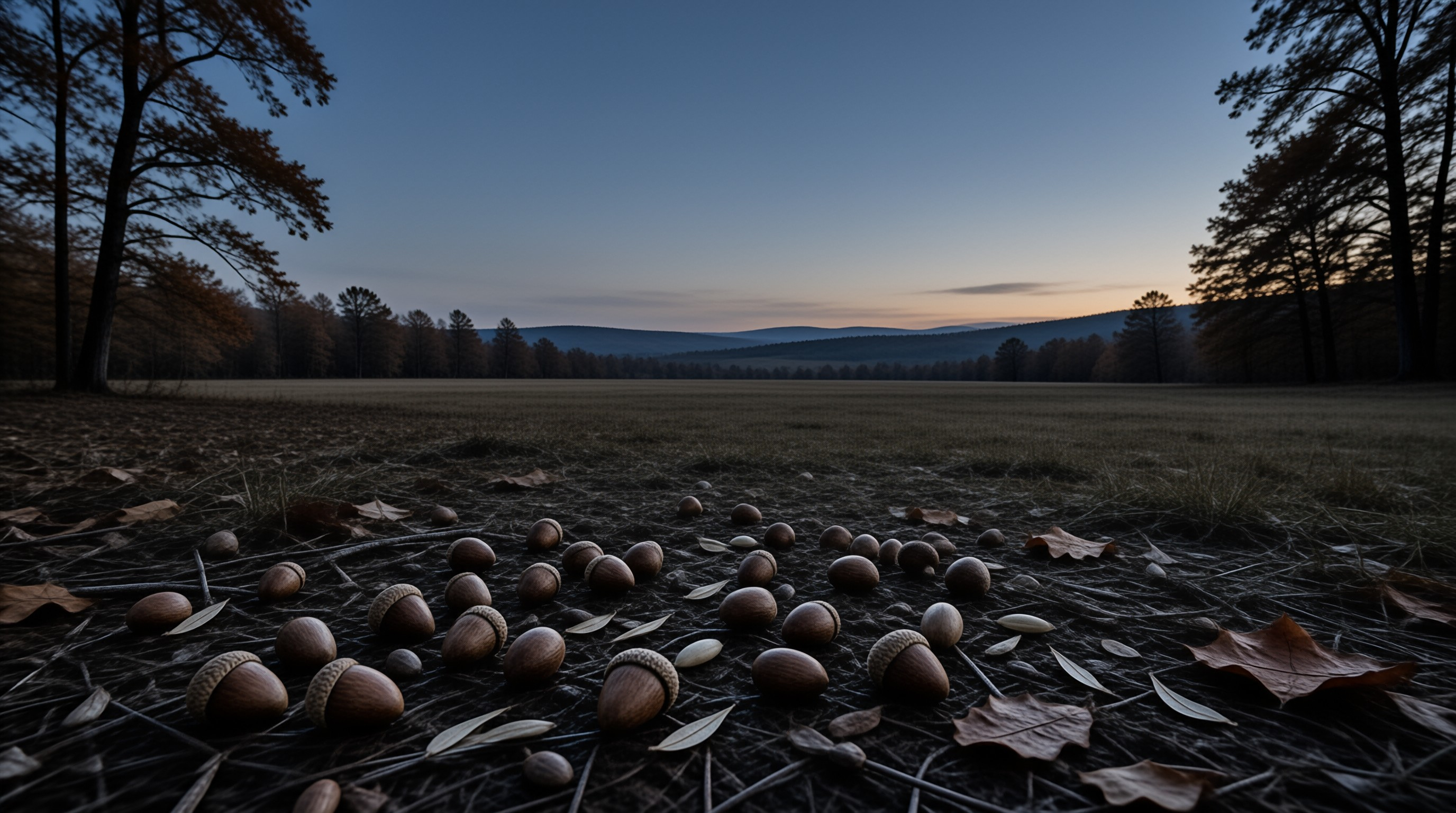 Acorns rest on dark earth in a quiet field as the sky fades into twilight above distant forested hills.