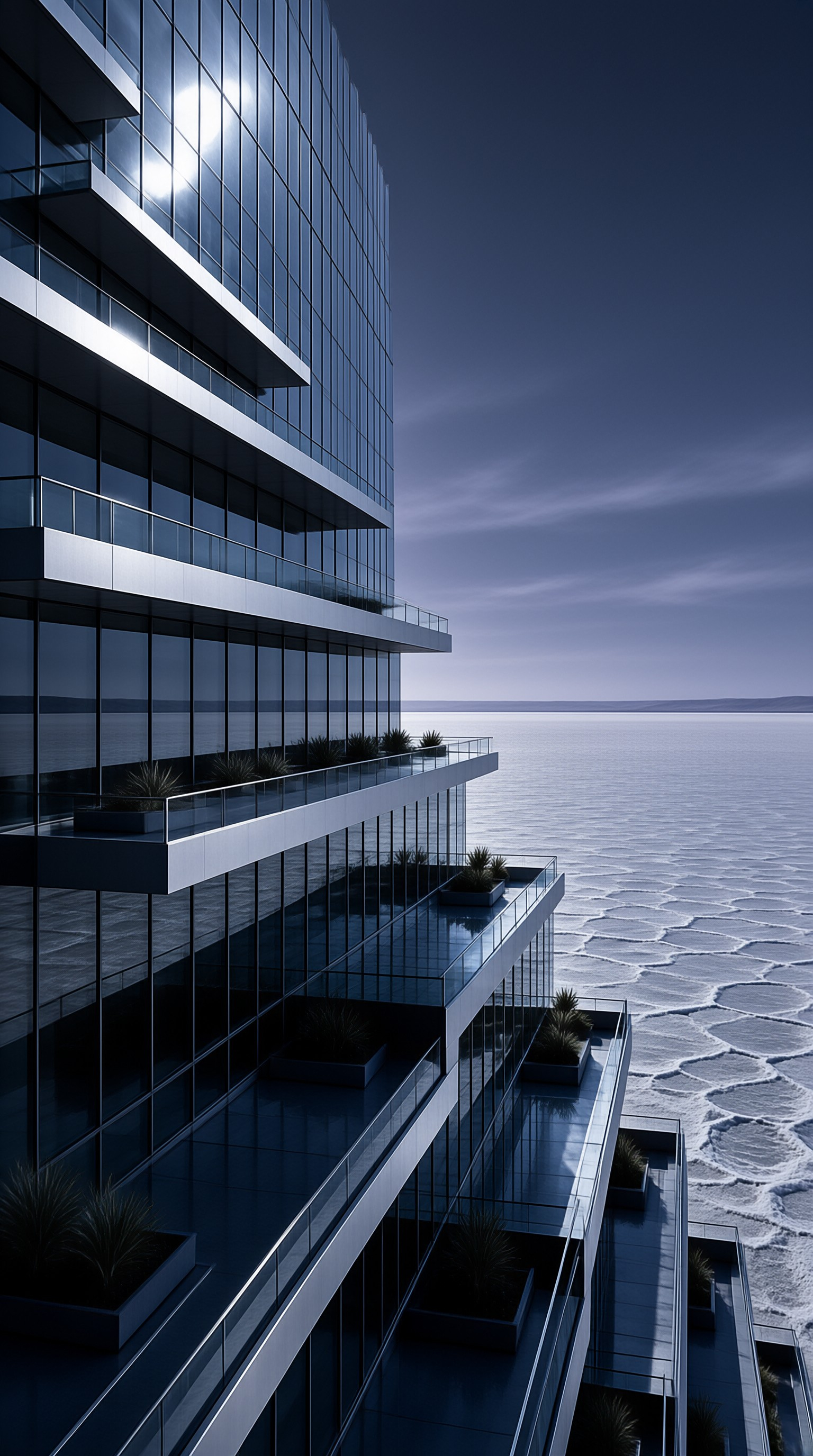 A sleek vertical structure with tiered balconies rises above a textured water surface during the evening.