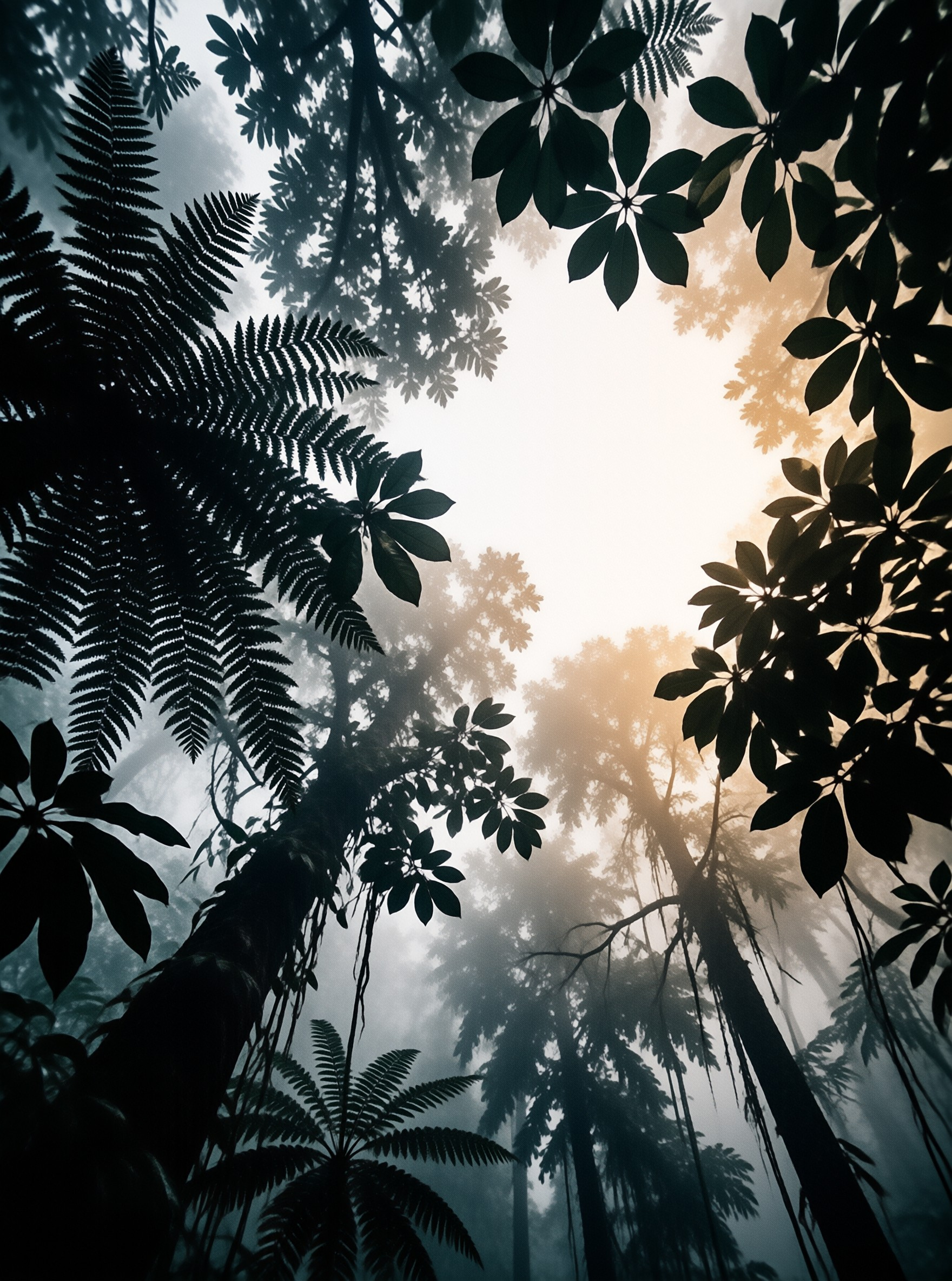 Dark silhouettes of ferns and leaves frame a bright foggy sky where sunlight filters through the forest canopy
