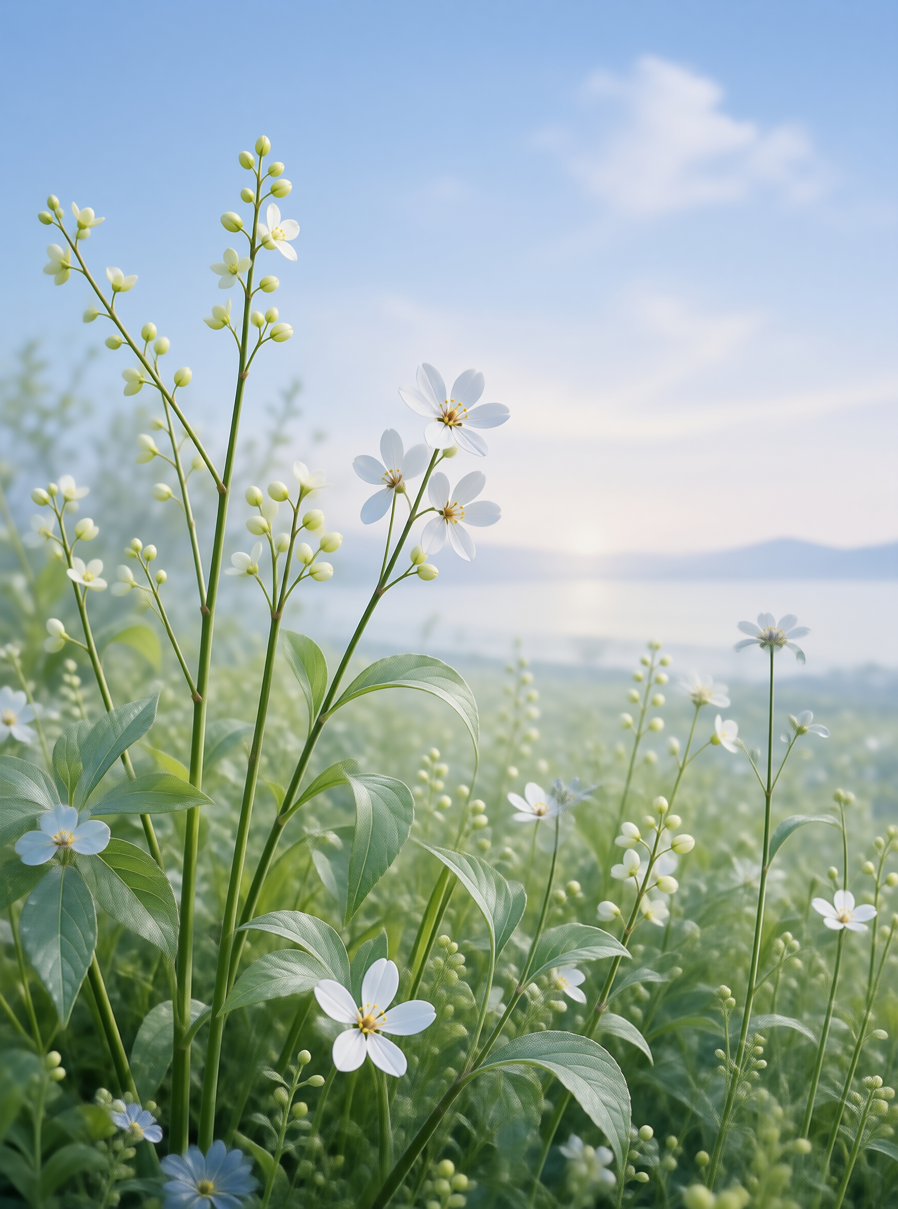White flowers in a green field