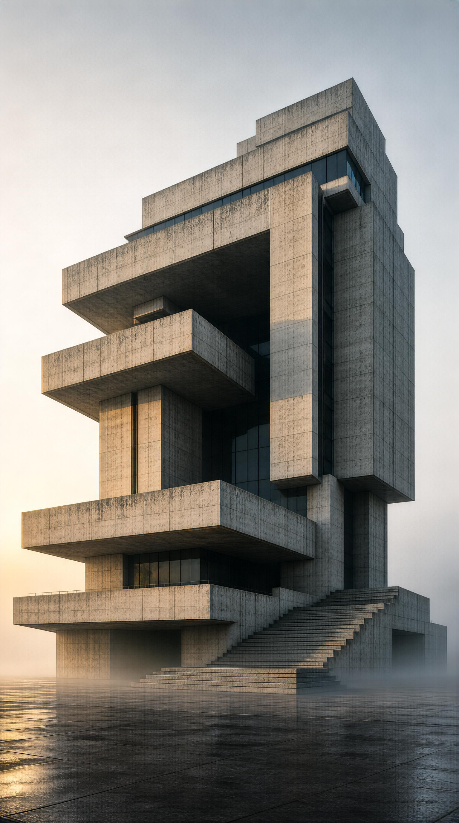 Brutalist Tower in Fog