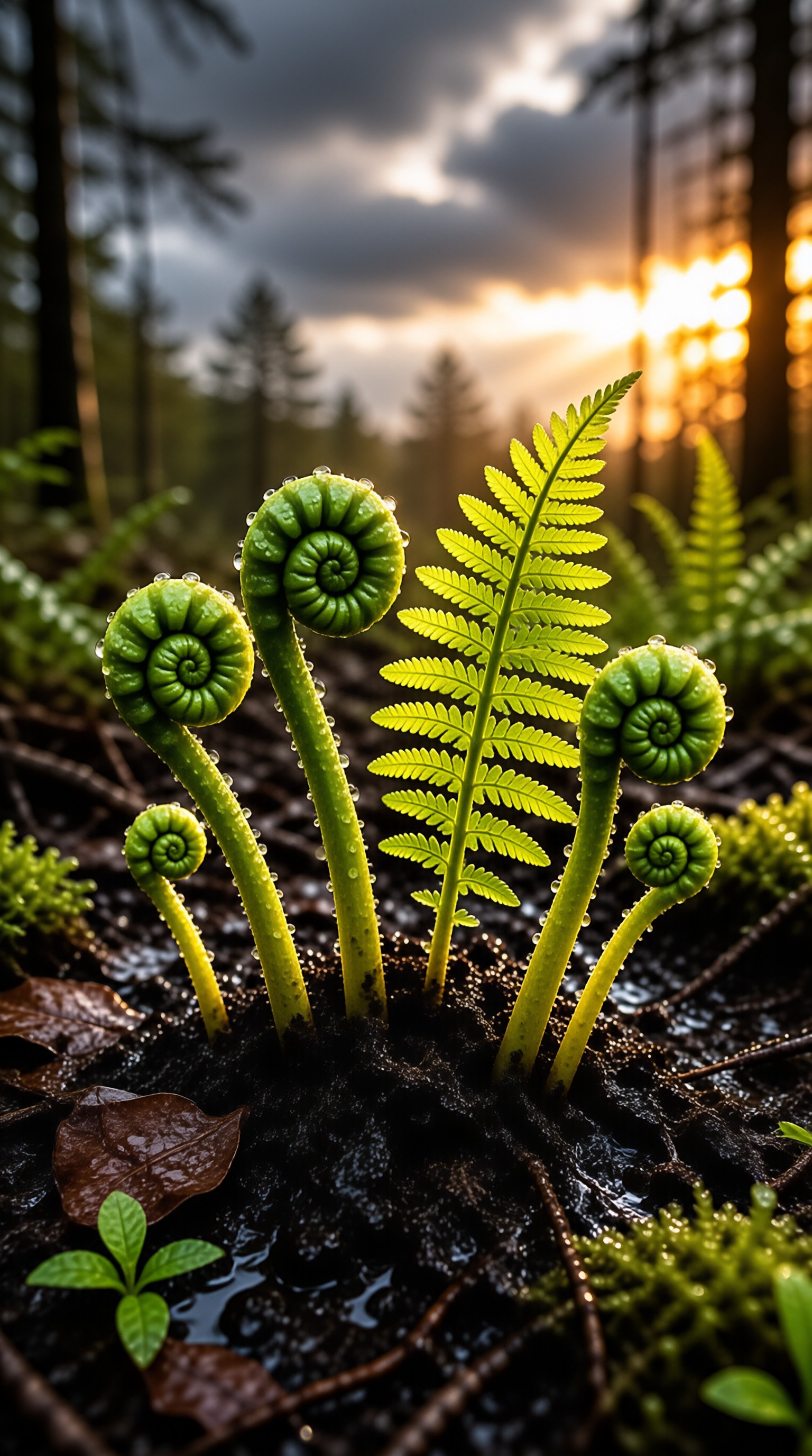 Several curled fern fronds dotted with dew stand out against a dark soil while warm sunlight filters through a distant forest at dusk.