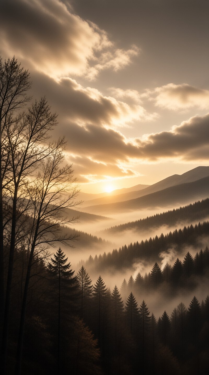 Layers of pine covered ridges fade into soft morning mist as the sun rises over distant peaks.
