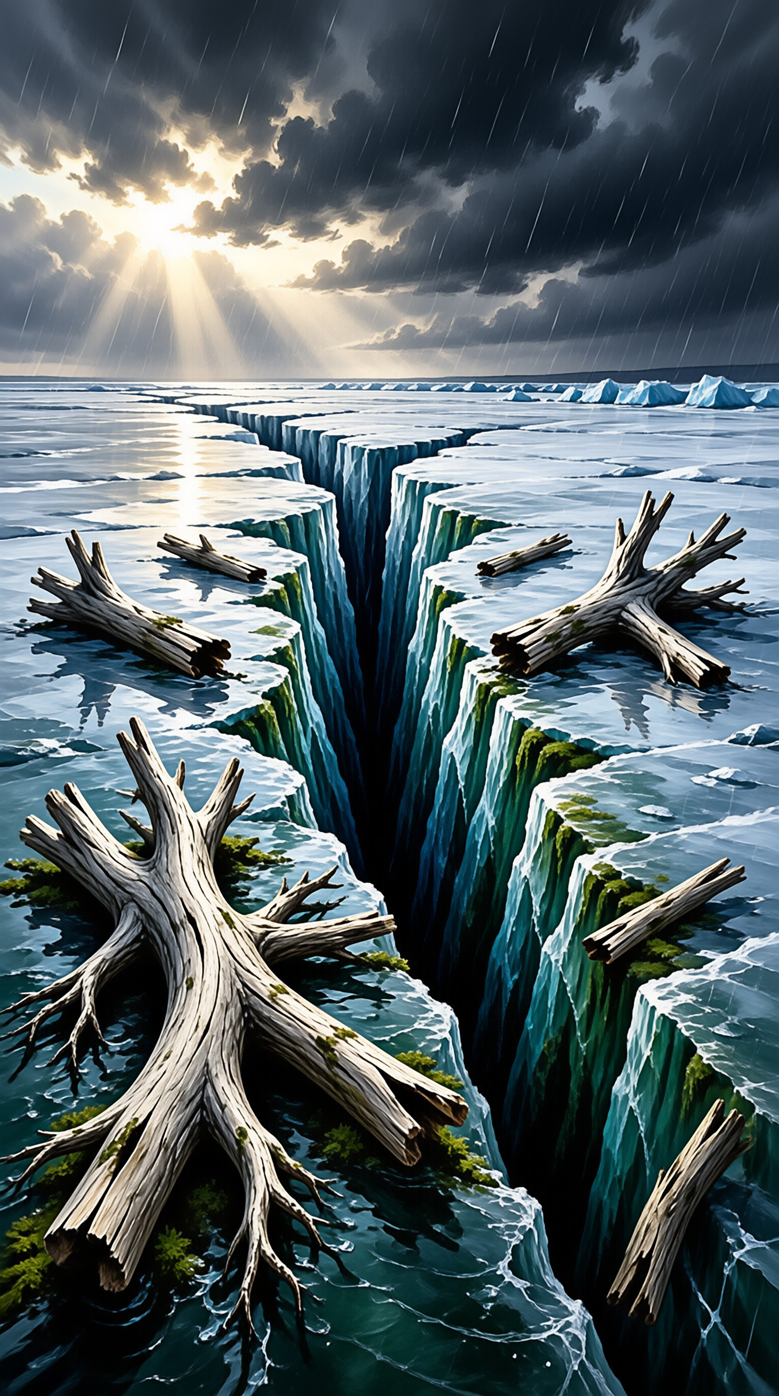 Deep chasm splits frozen ocean surface with driftwood logs under a stormy sky pierced by bright sunbeams.