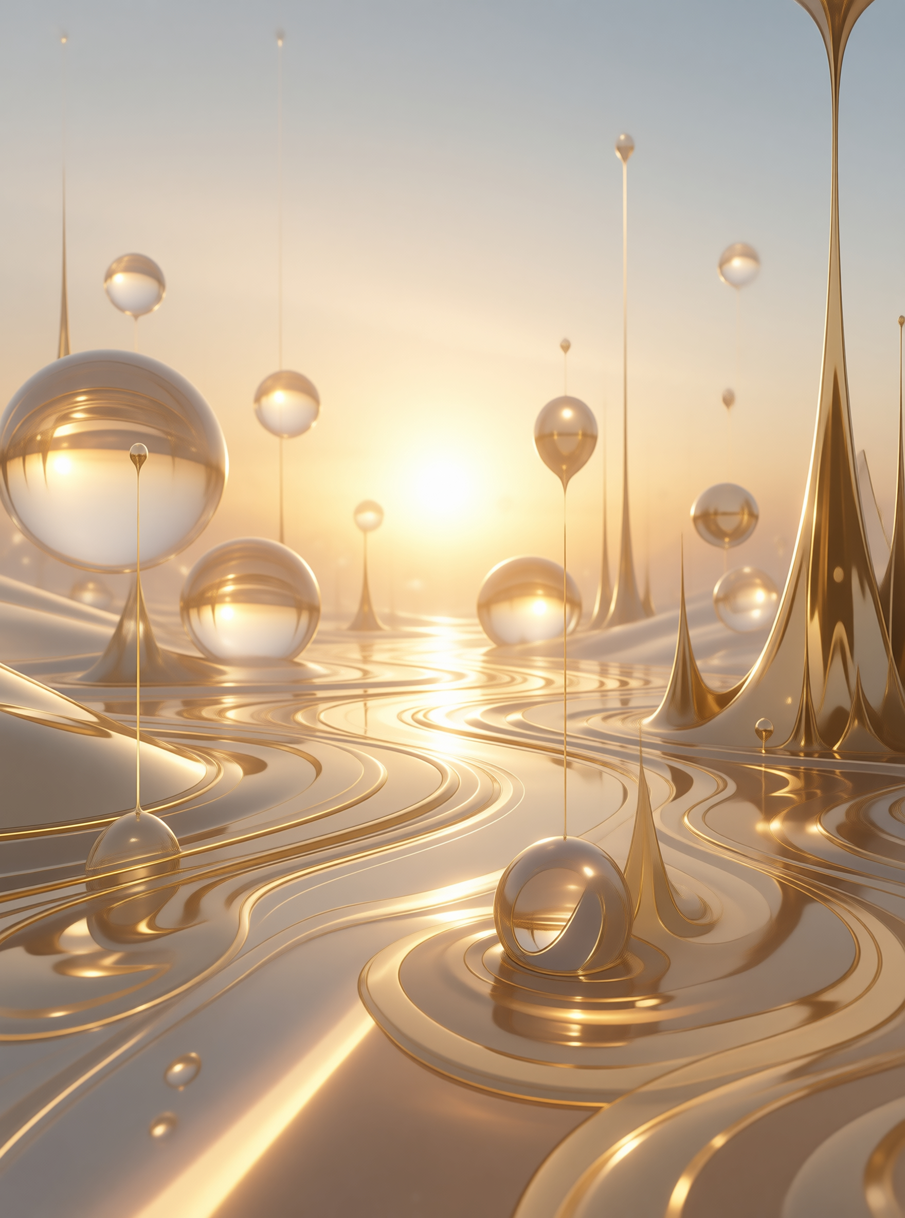 Golden Liquid Landscape with Spheres