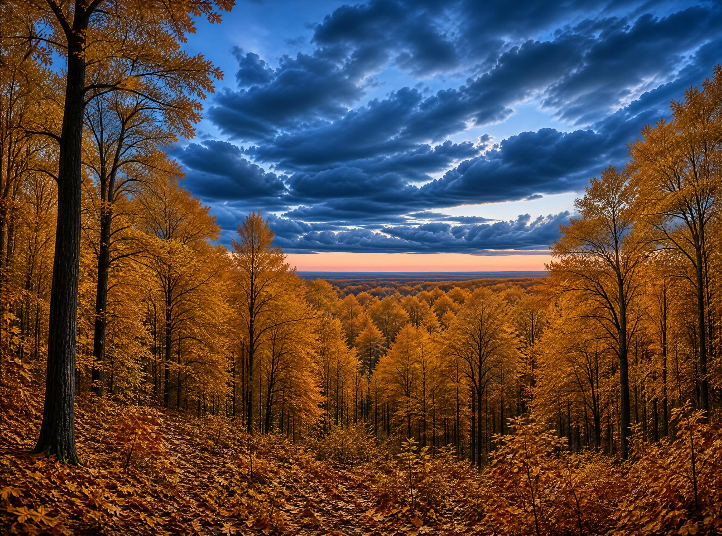 Golden Autumn Forest Under Dramatic Dusk Clouds