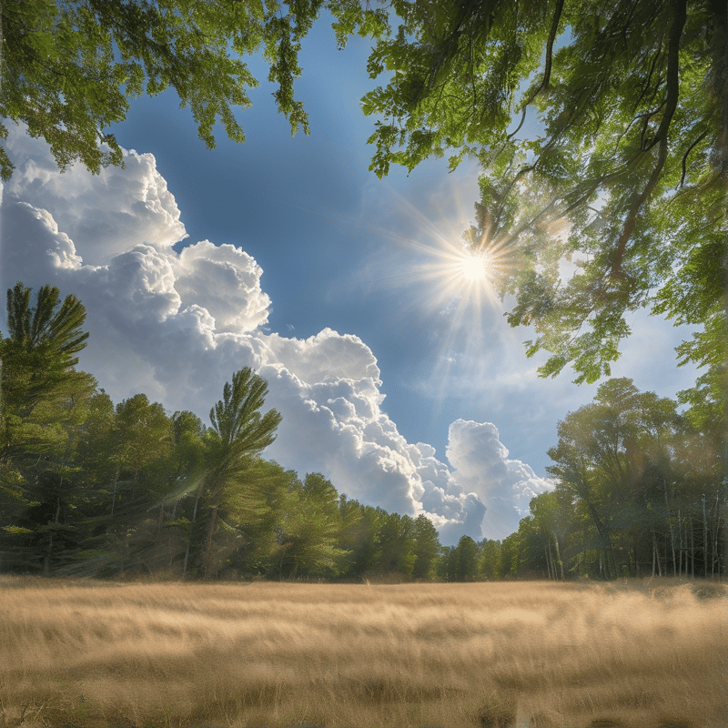Looking up from a meadow towards a bright sun bursting through tree branches and large clouds.
