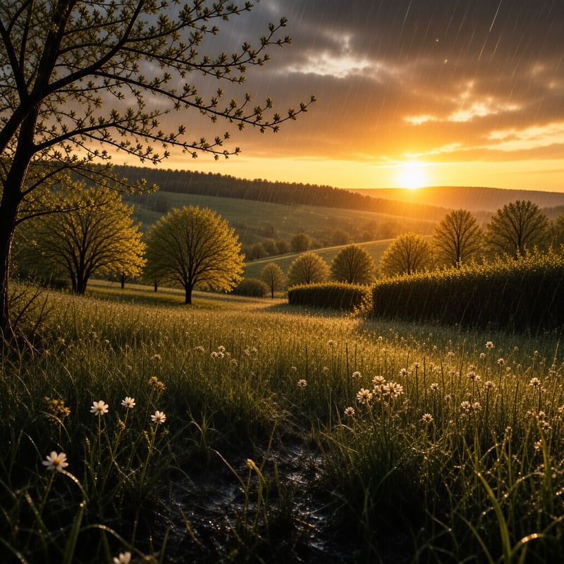 Rain falls across a daisy filled grassy field while warm golden sunset light glows over distant rolling wooded hills.