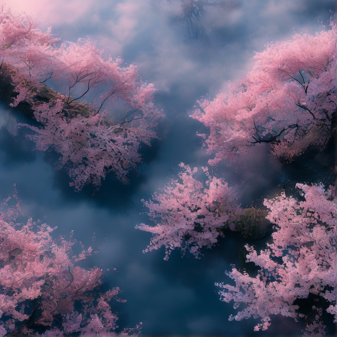 Pink cherry blossoms bloom on rocky outcrops surrounded by deep blue mist and fog.