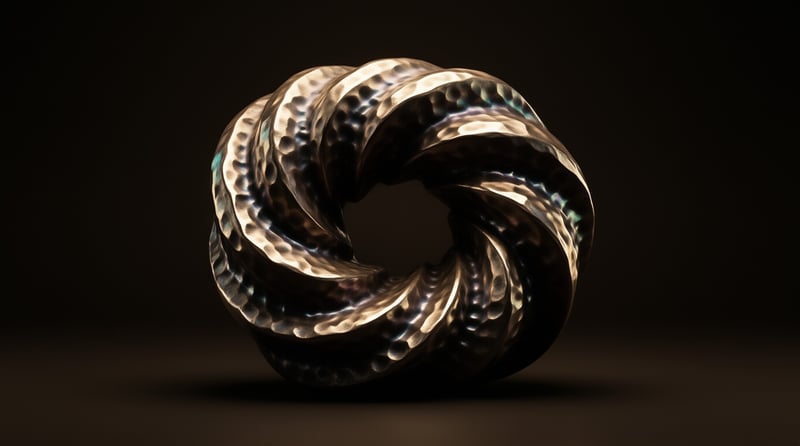 A polished hammered metal knot sculpture gleams under warm light against a deep black background.