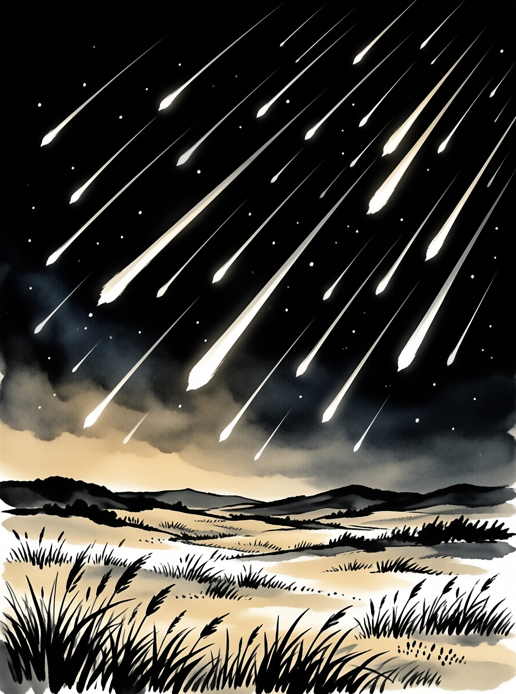 A dramatic night scene features numerous bright meteor trails streaking diagonally across a black sky above a silhouette of hills and grassy wetlands.