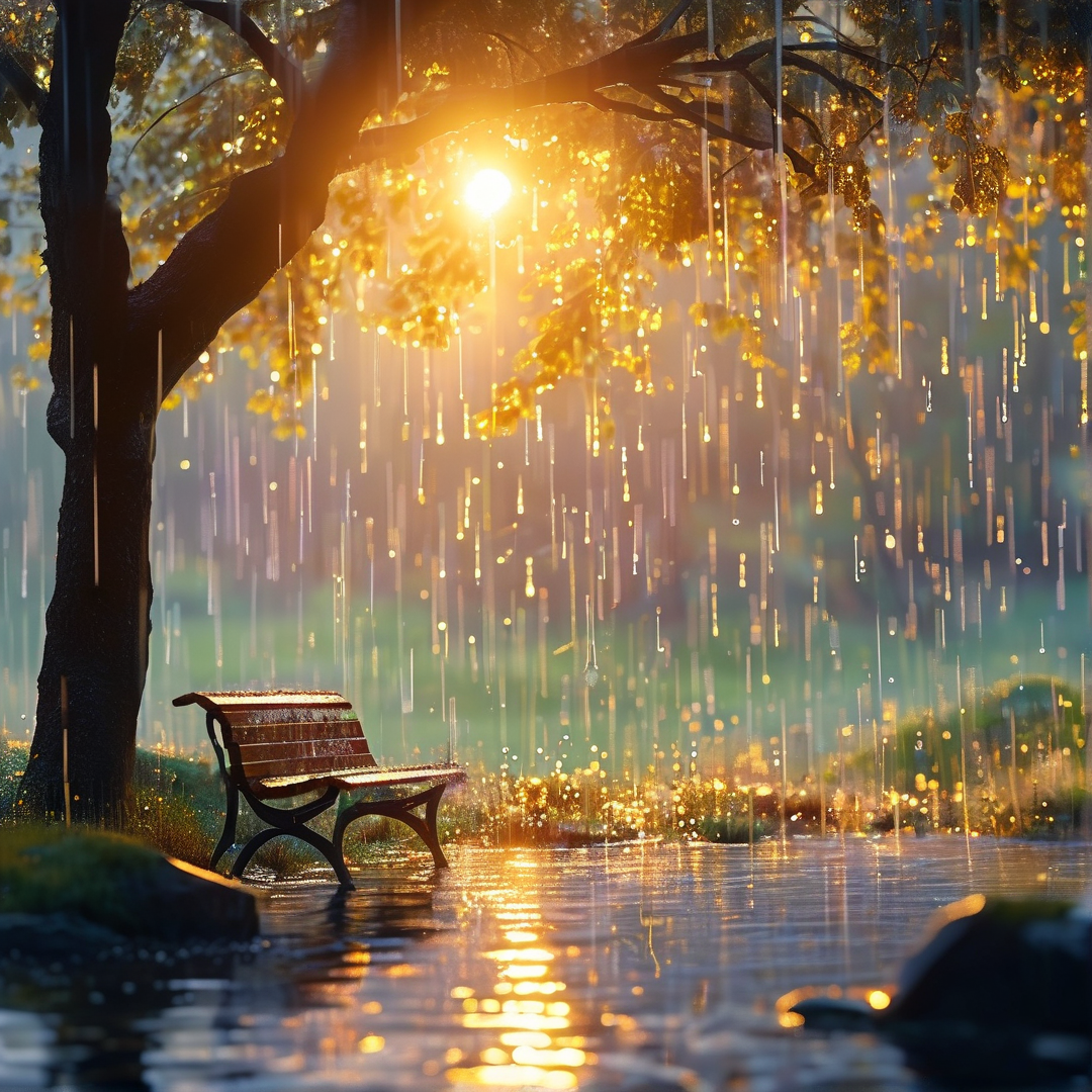 Sunlit Rainy Bench Scene
