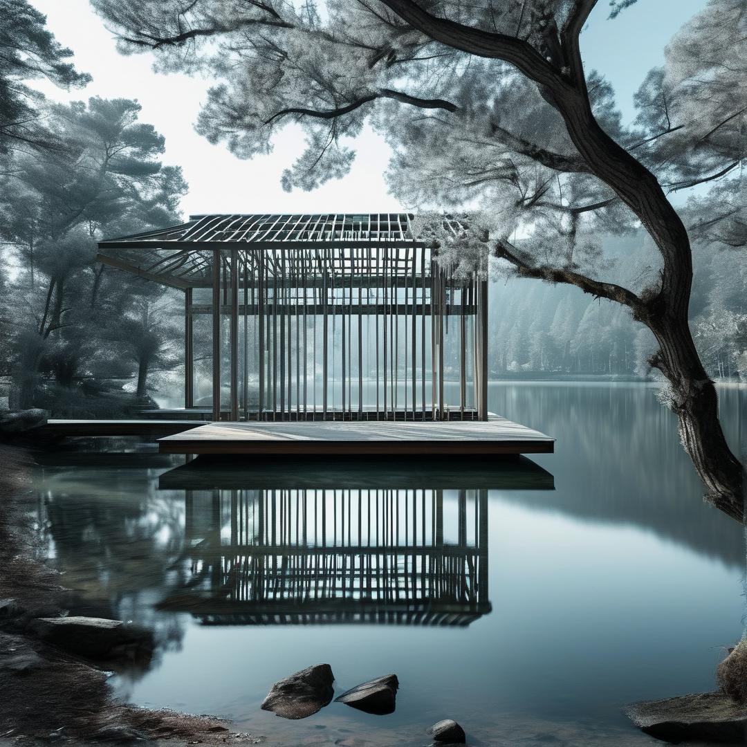 A wooden slatted structure sits on a platform above still water, surrounded by foggy trees and reflected clearly in the lake.