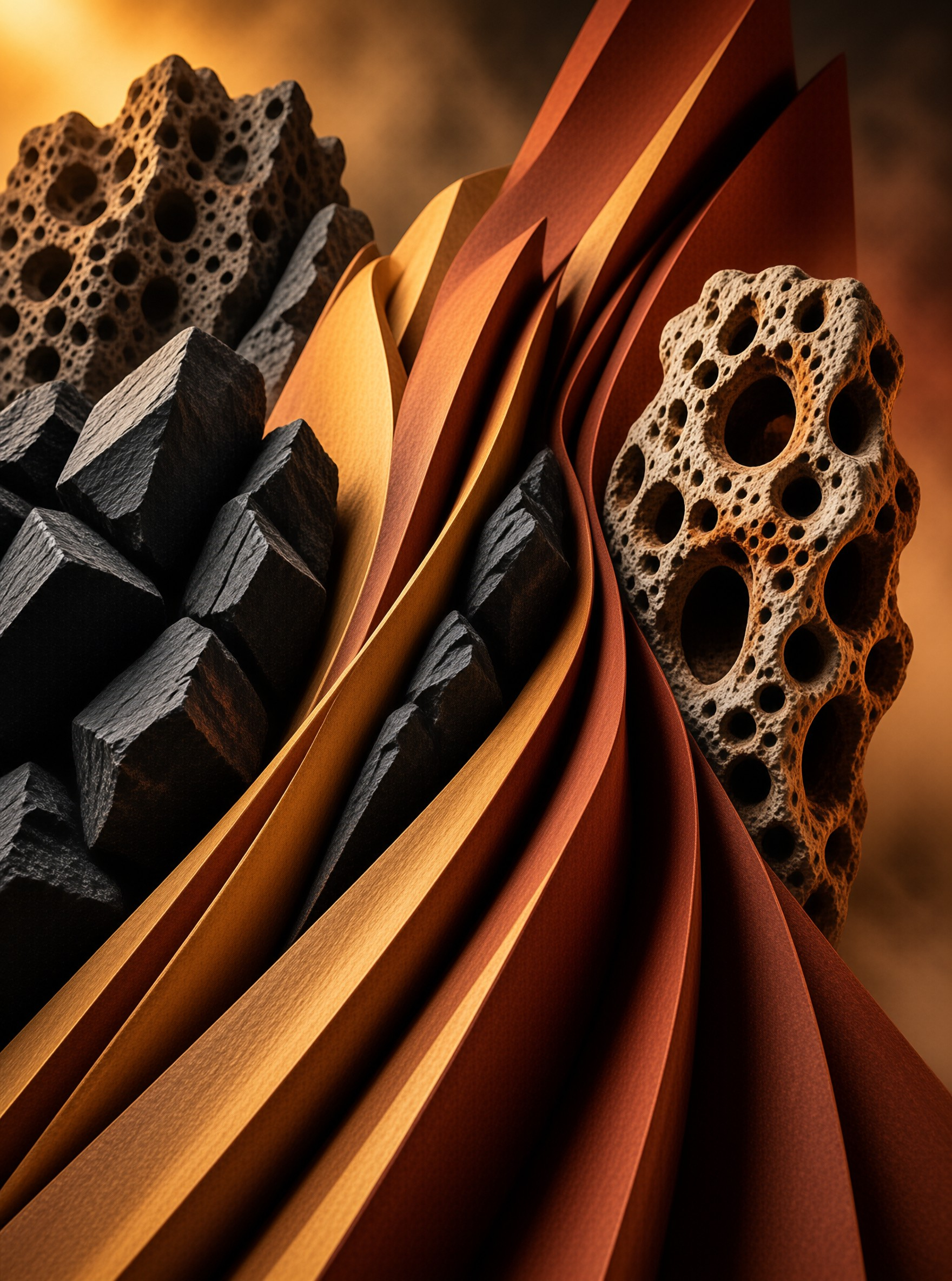 Porous rocks and dark angular stones interwoven with flowing rust-colored paper layers under warm directional lighting.