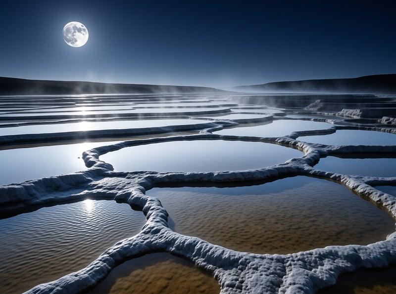 Stepped travertine pools hold still water under a dark night sky, with a bright full moon reflecting across their surfaces.