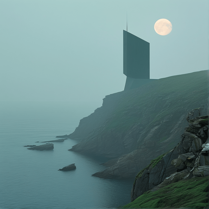 A tall angular structure rises from a grassy headland overlooking calm waters under a hazy sky with a bright moon.