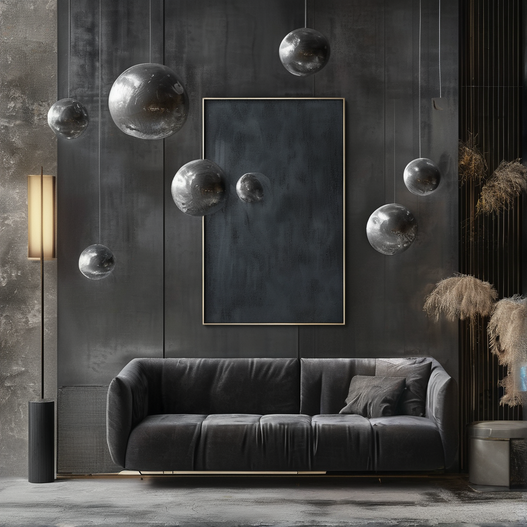 A grey sofa rests in a dark room beneath hanging silver spheres reflecting the warm light of a nearby floor lamp.