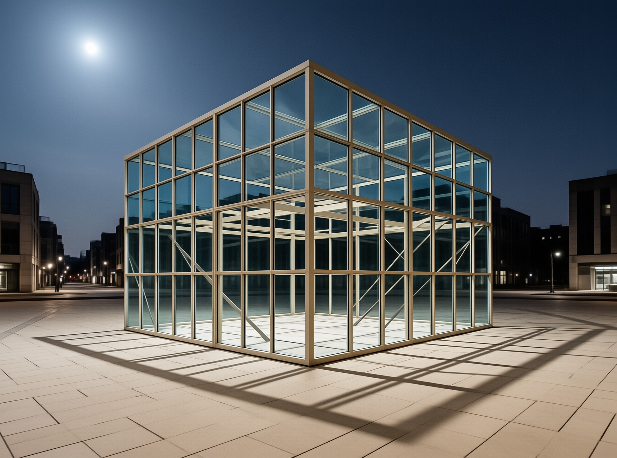 Cubic Glass Building at Night