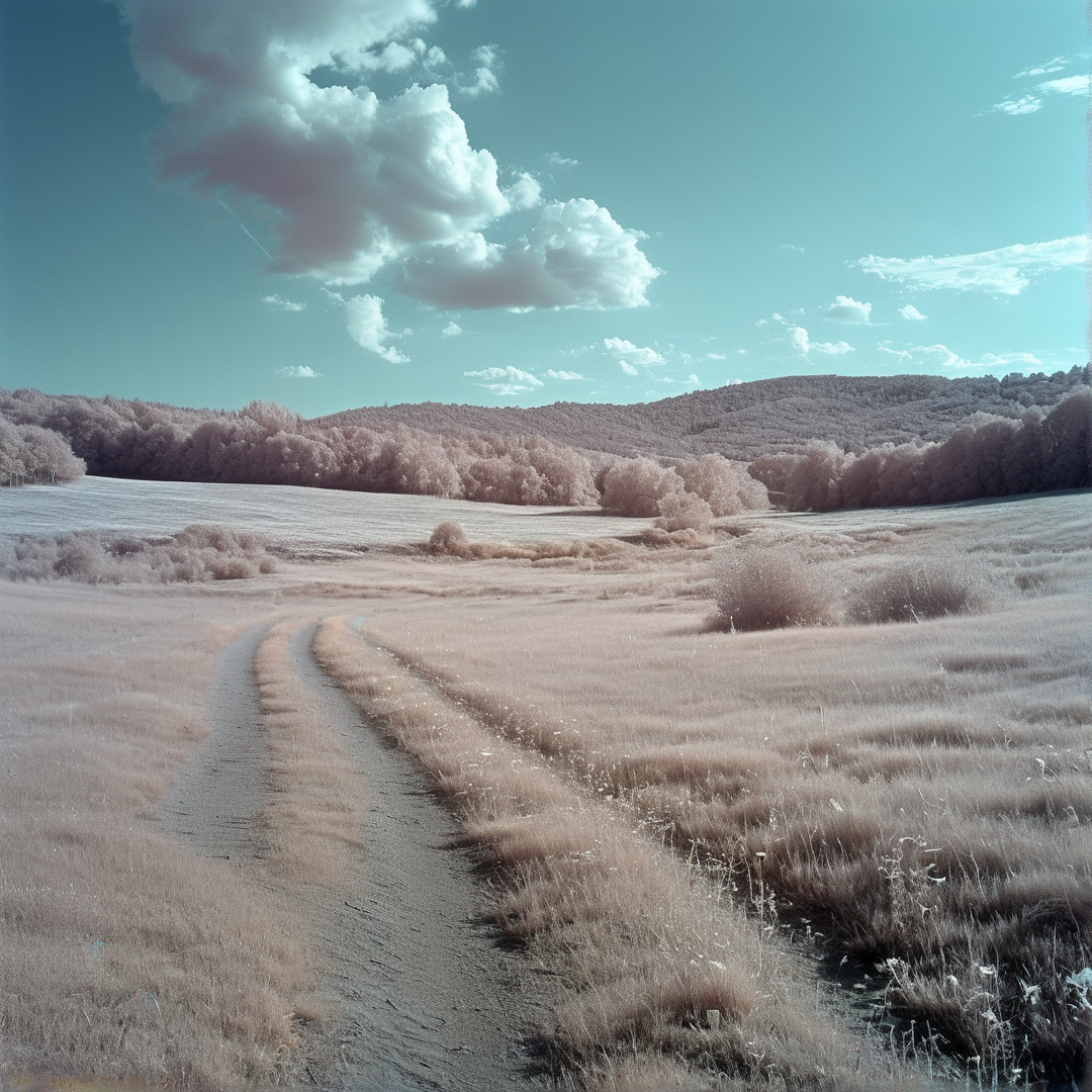 A curving dirt path leads through fields of pale vegetation under a bright blue sky with clouds