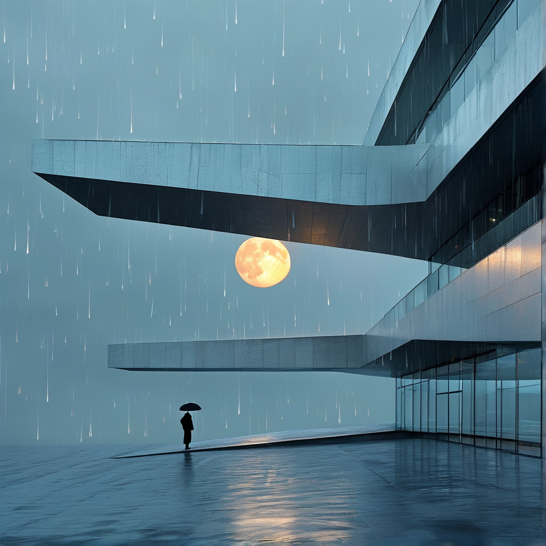 A tiny figure holds an umbrella beneath a large concrete overhang while rain falls near a glowing orange moon in the sky.