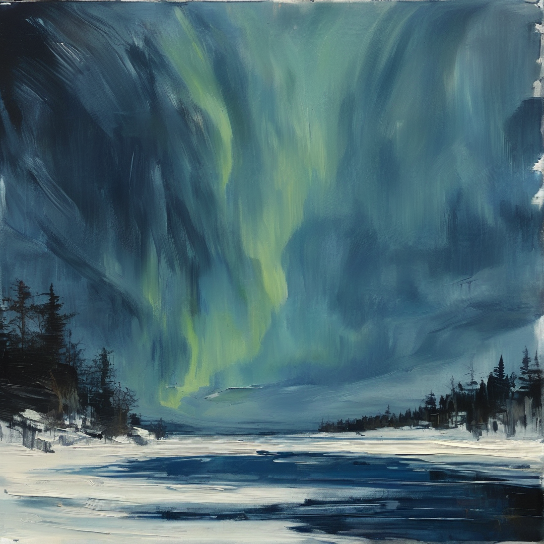 Oil painted aurora flows over a snow-covered winter lake bordered by dark pine trees under a deep blue night sky.