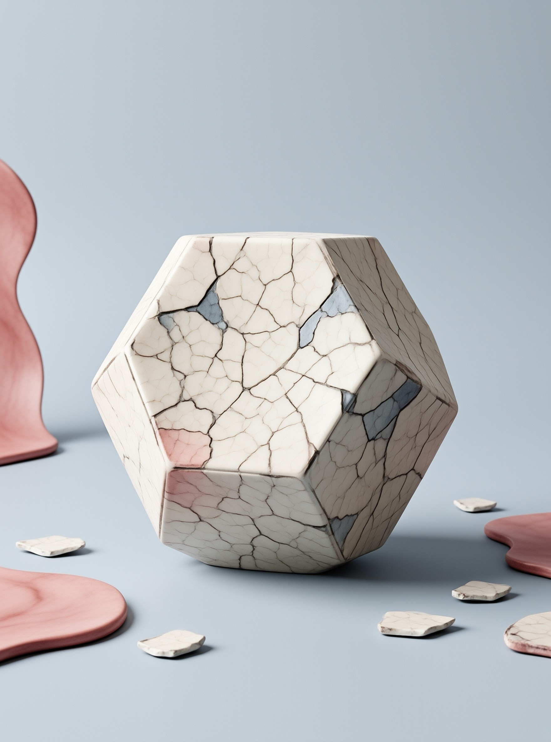 A white hexagonal prism with cracked surfaces rests on a blue floor scattered with small fragments and pink forms.