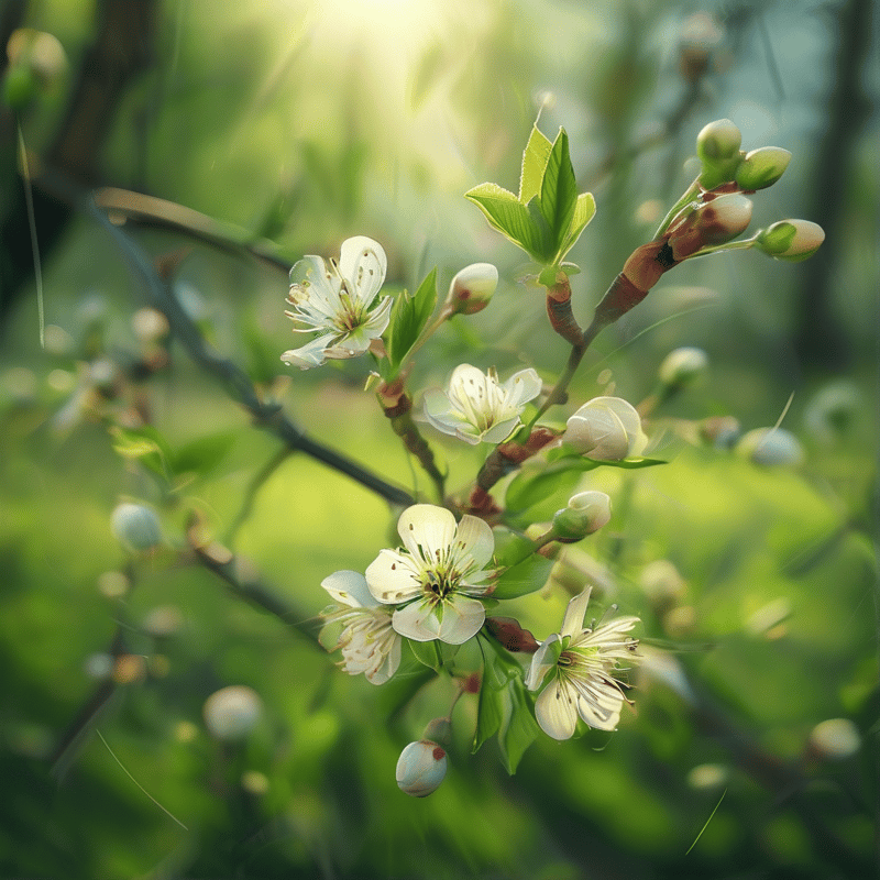 Delicate white flowers and round buds glow on a slender branch against a soft green blurred orchard background