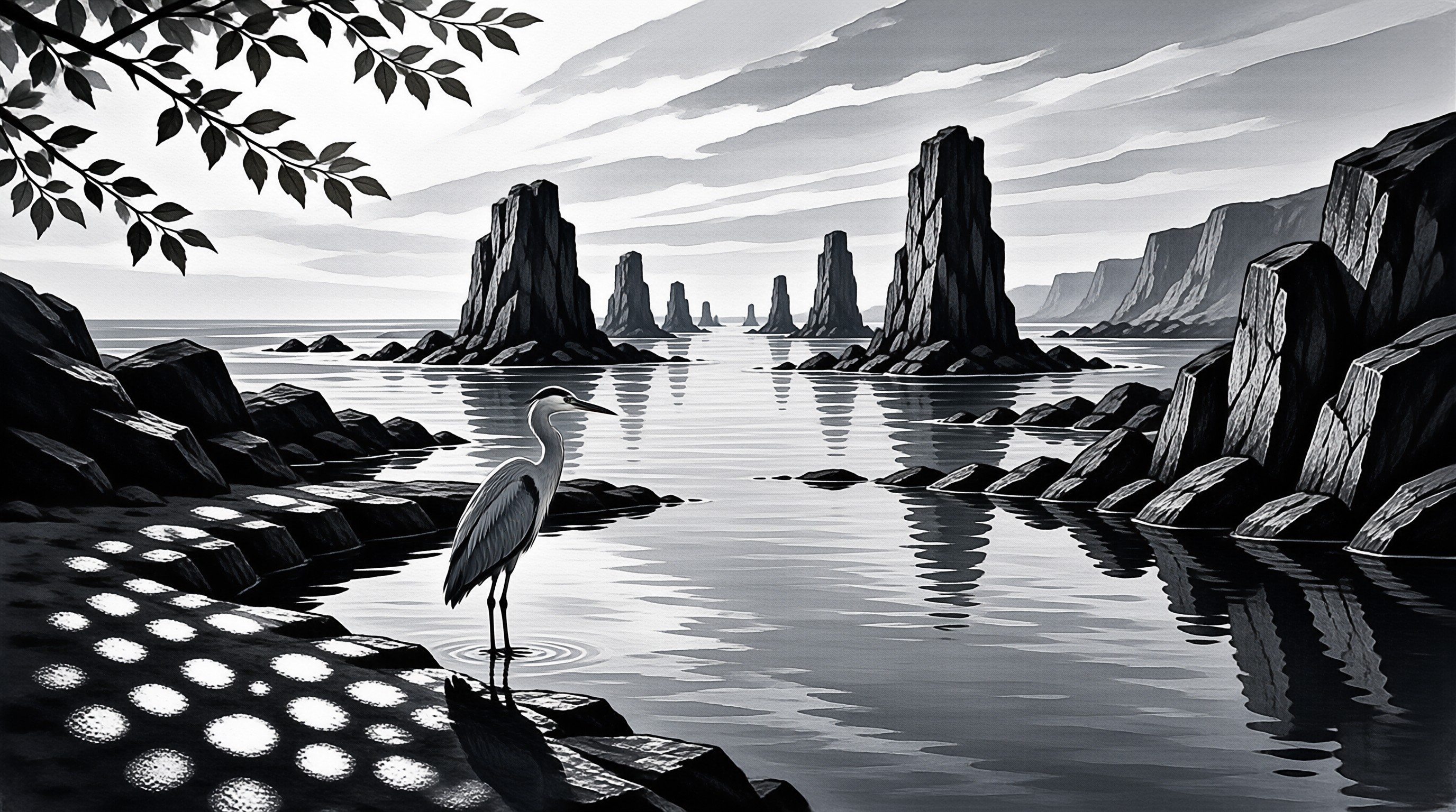 A heron stands in shallow water near rocky shores while tall sea stacks rise from the ocean in the distance.