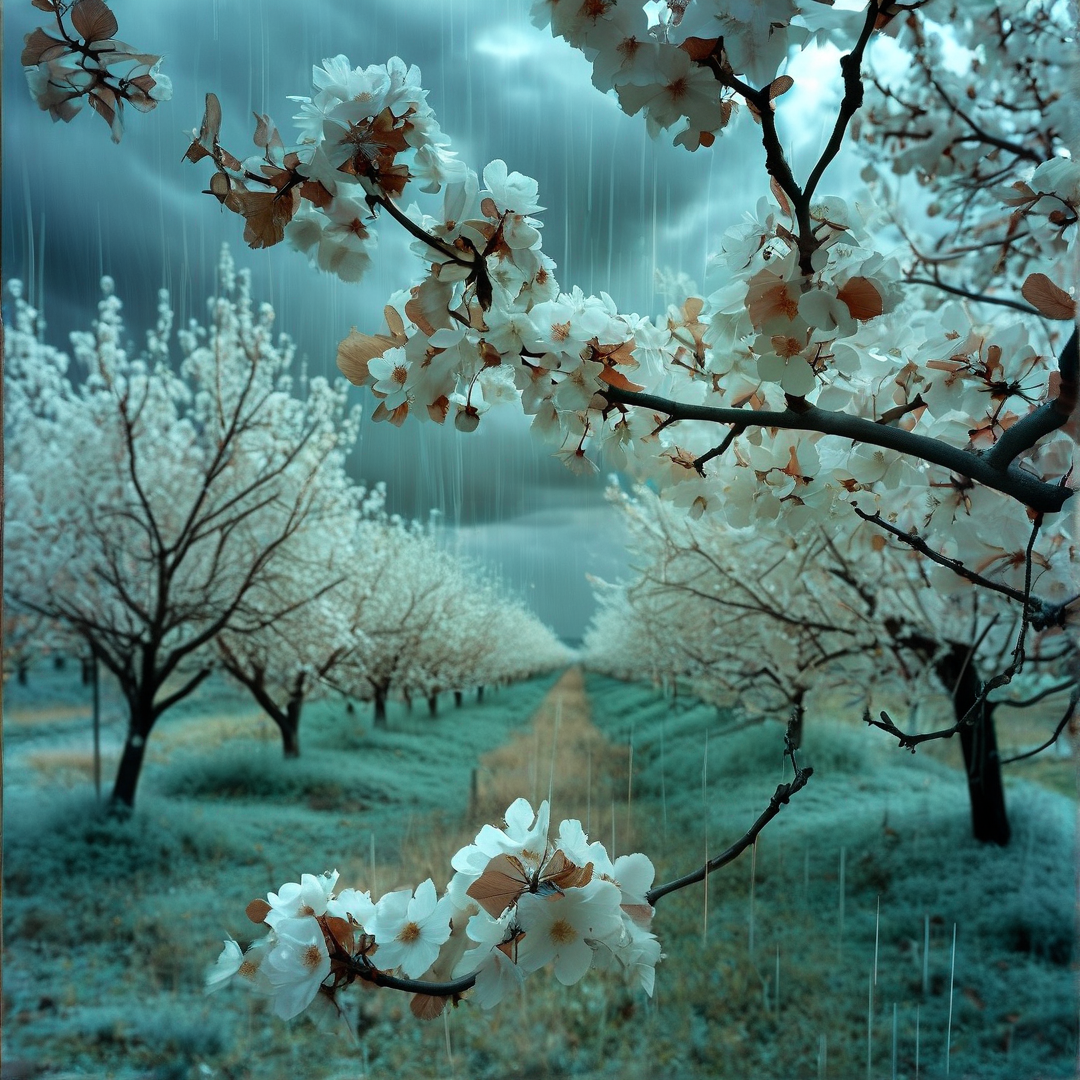 Rows of white flowering trees stand in a grassy field while heavy rain falls from a dark blue overcast sky.