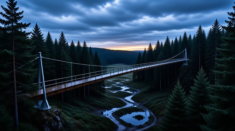 A long footbridge crosses a tree-filled canyon while a winding river curves beneath it during the blue hour.