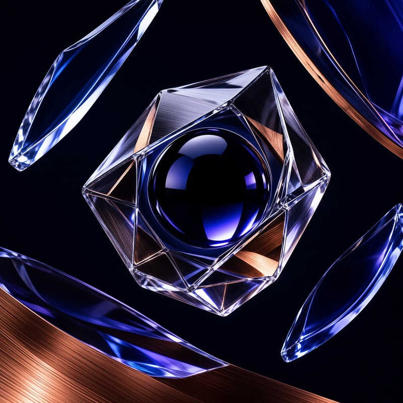 A geometric crystal structure with a deep blue core surrounded by angular blue fragments and warm copper metallic elements against a dark background.