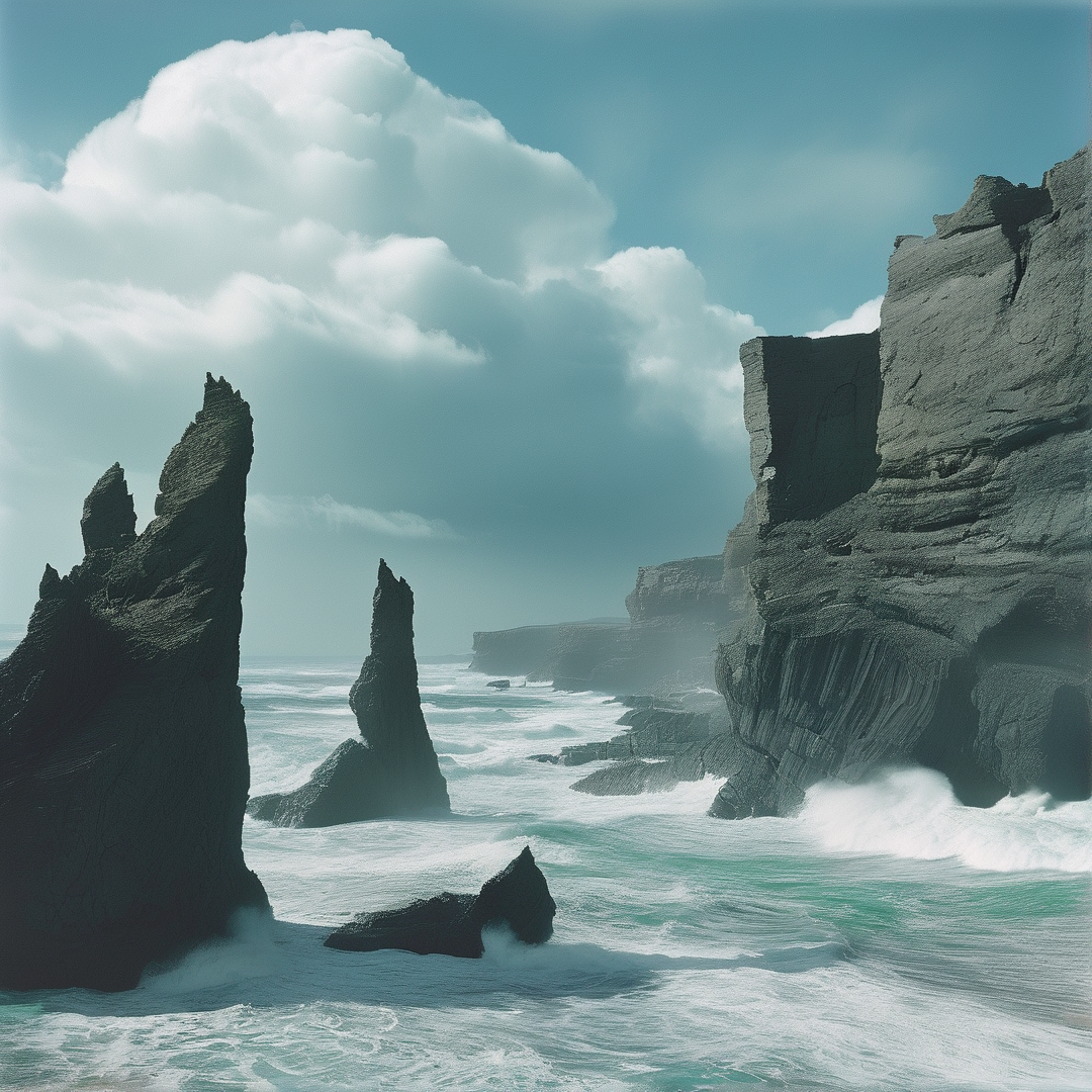 Vertical rock pillars emerge from foaming waters near a massive cliff face under soft overcast light.