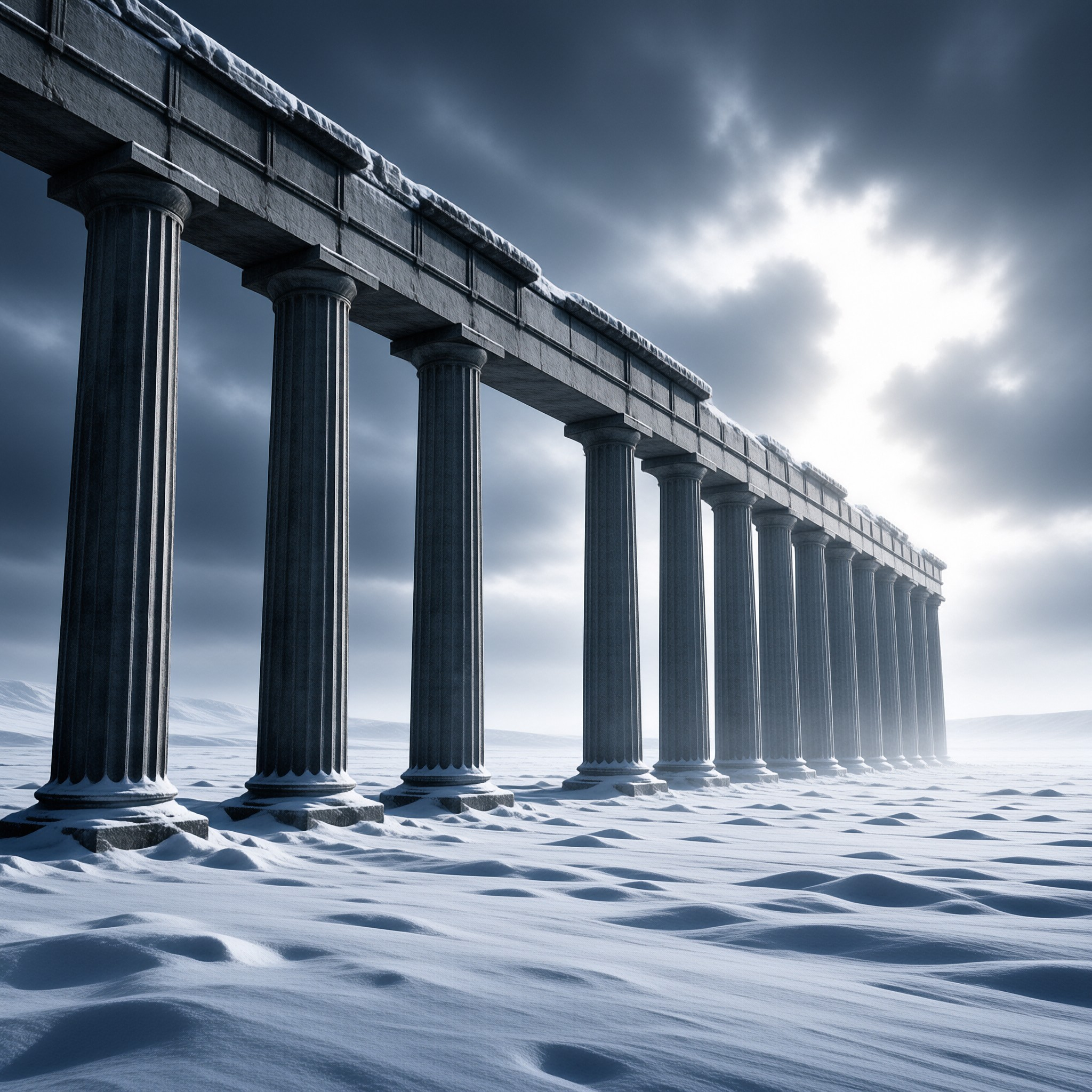 Stone columns line a snowy plain under a dramatic sky with light breaking through the clouds.
