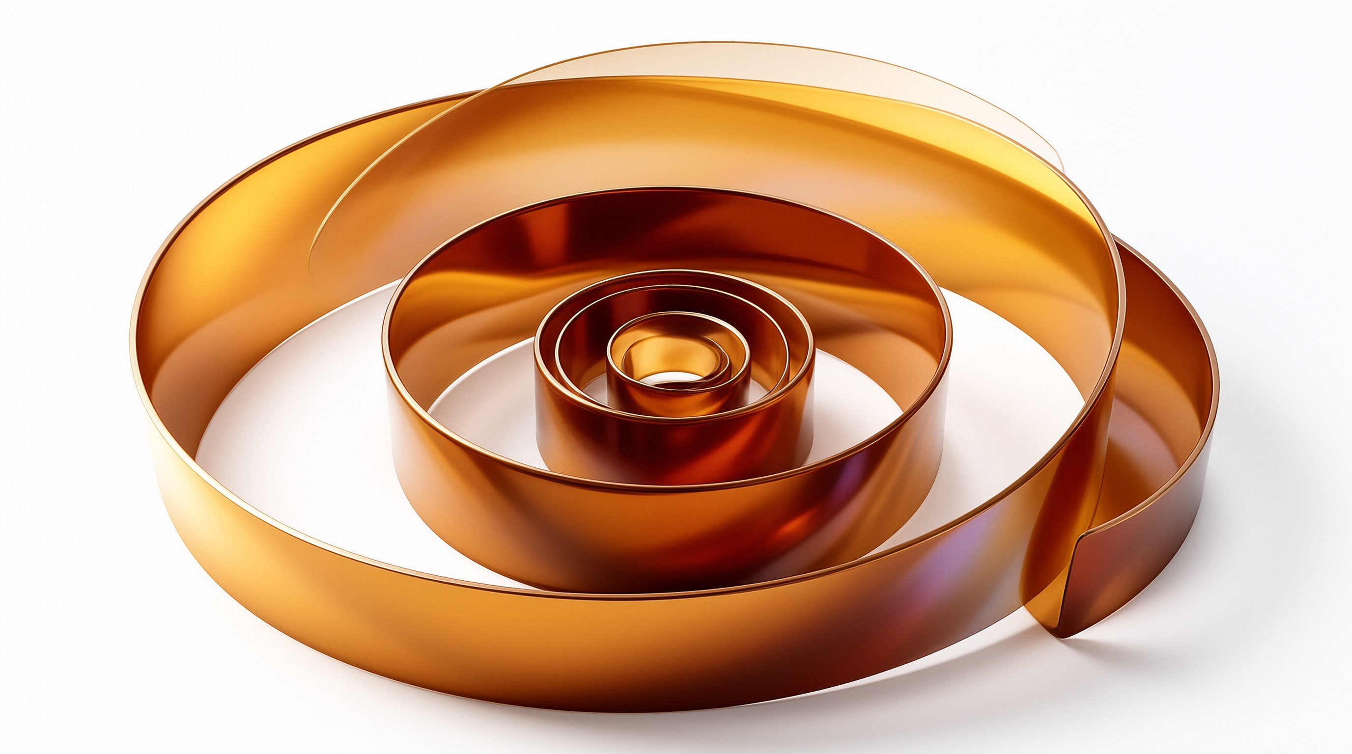 A glossy copper band winds into concentric spirals and reflects warm highlights on a clean white surface