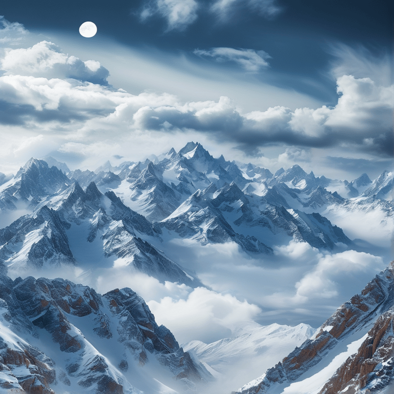 Snowy Peaks and Moon
