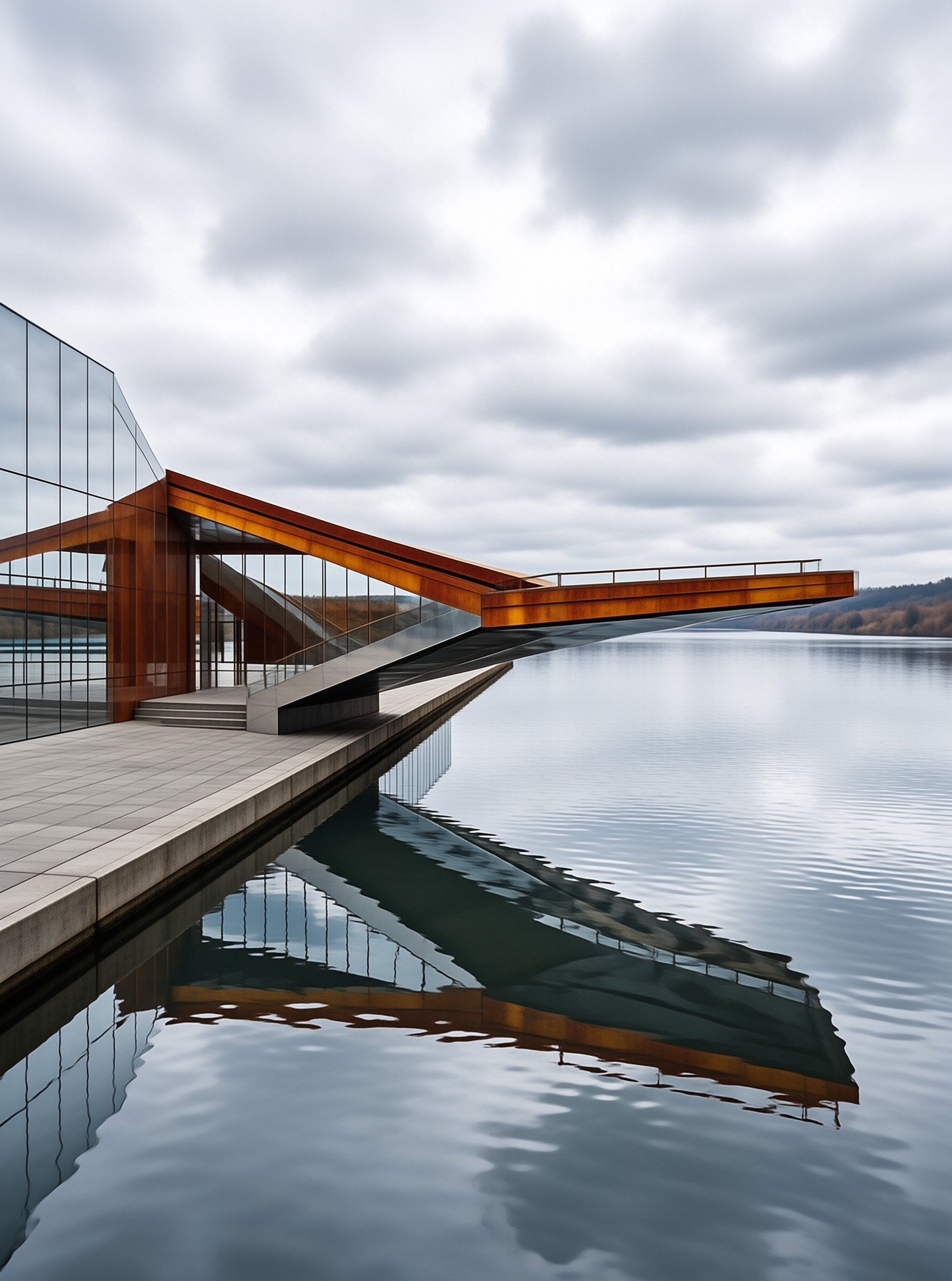 A modern structure with rust beams projects from a wooden deck onto quiet water under a cloudy grey sky.