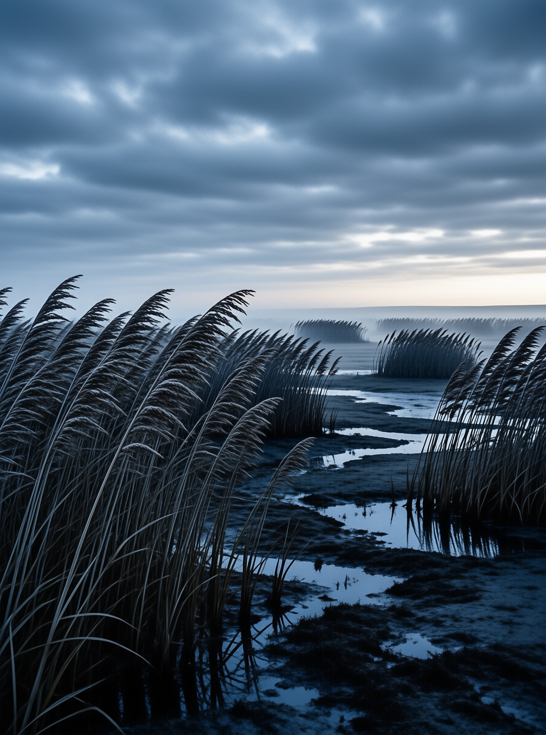 Misty Wetland Reeds at Dawn