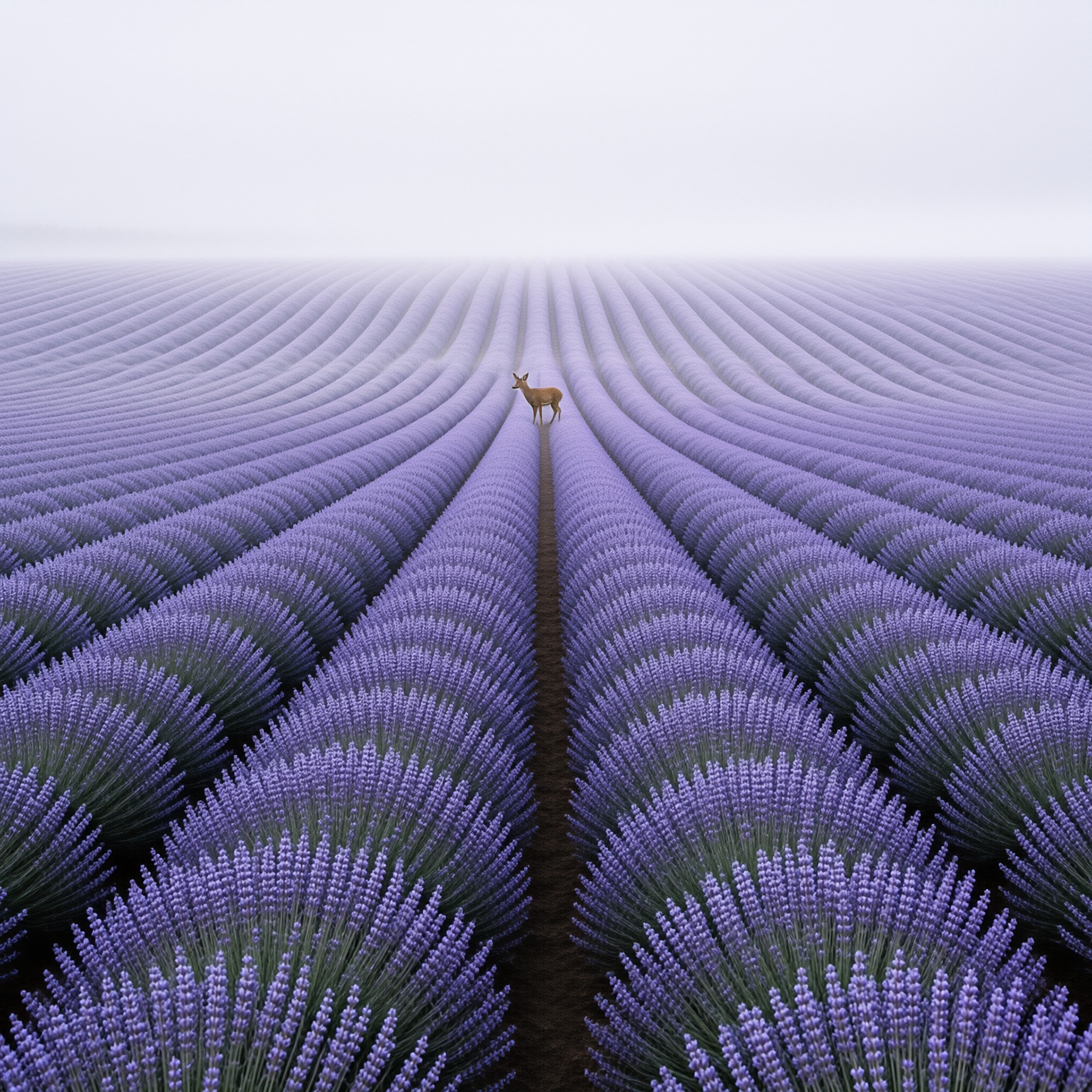 A solitary deer stands on a central path surrounded by endless rows of purple lavender fading into the fog.